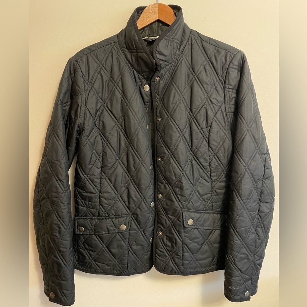 EDDIE BAUER- Black Insulated Quilted Jacket Full Zip Sz M Adj Waist Lined Casual
